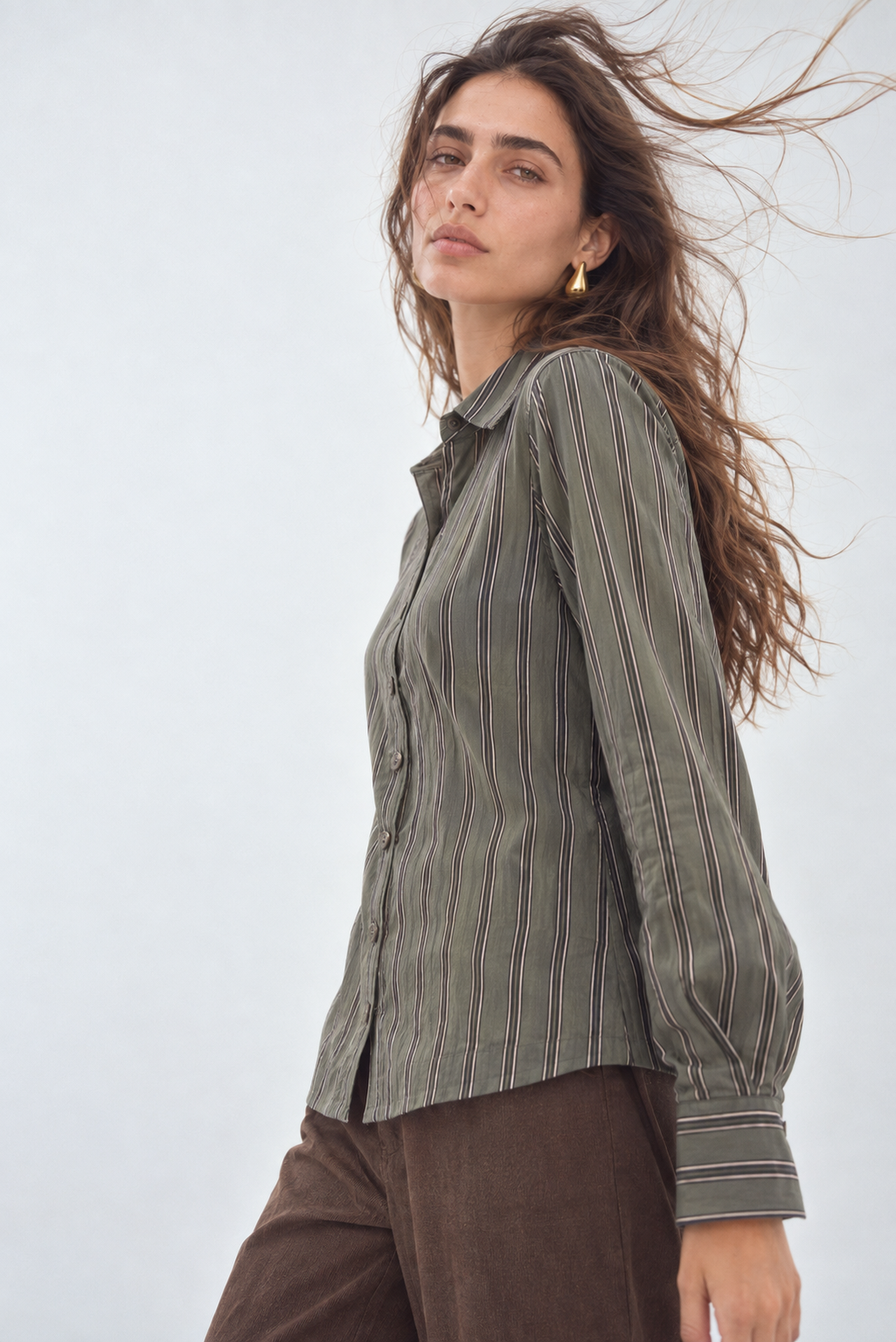 Windblown Olive Stripe Fashion Portrait